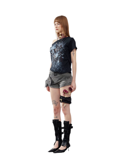 Washed Denim Asymmetrical Shorts