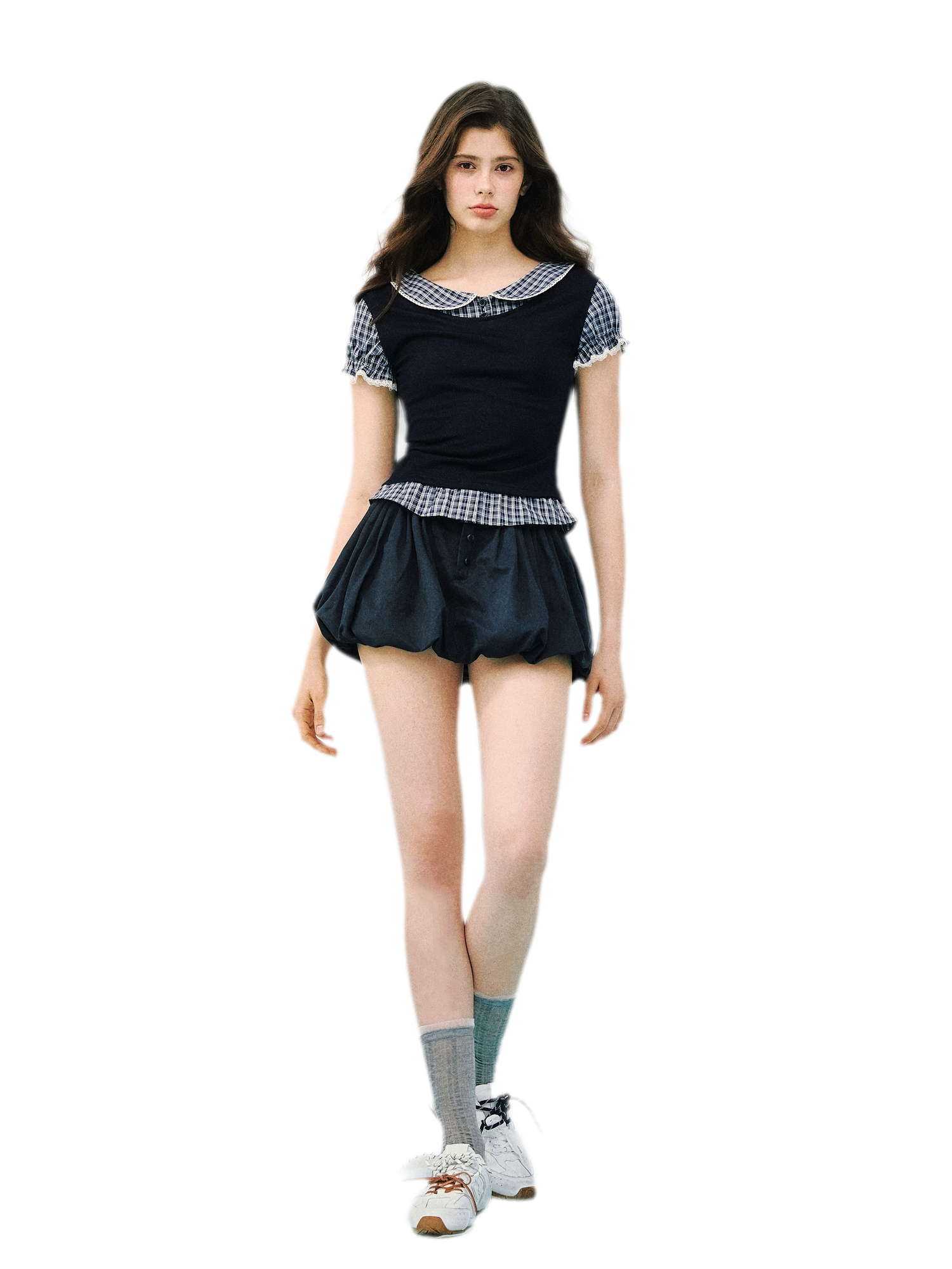 Navy Petal Pleated Skirt