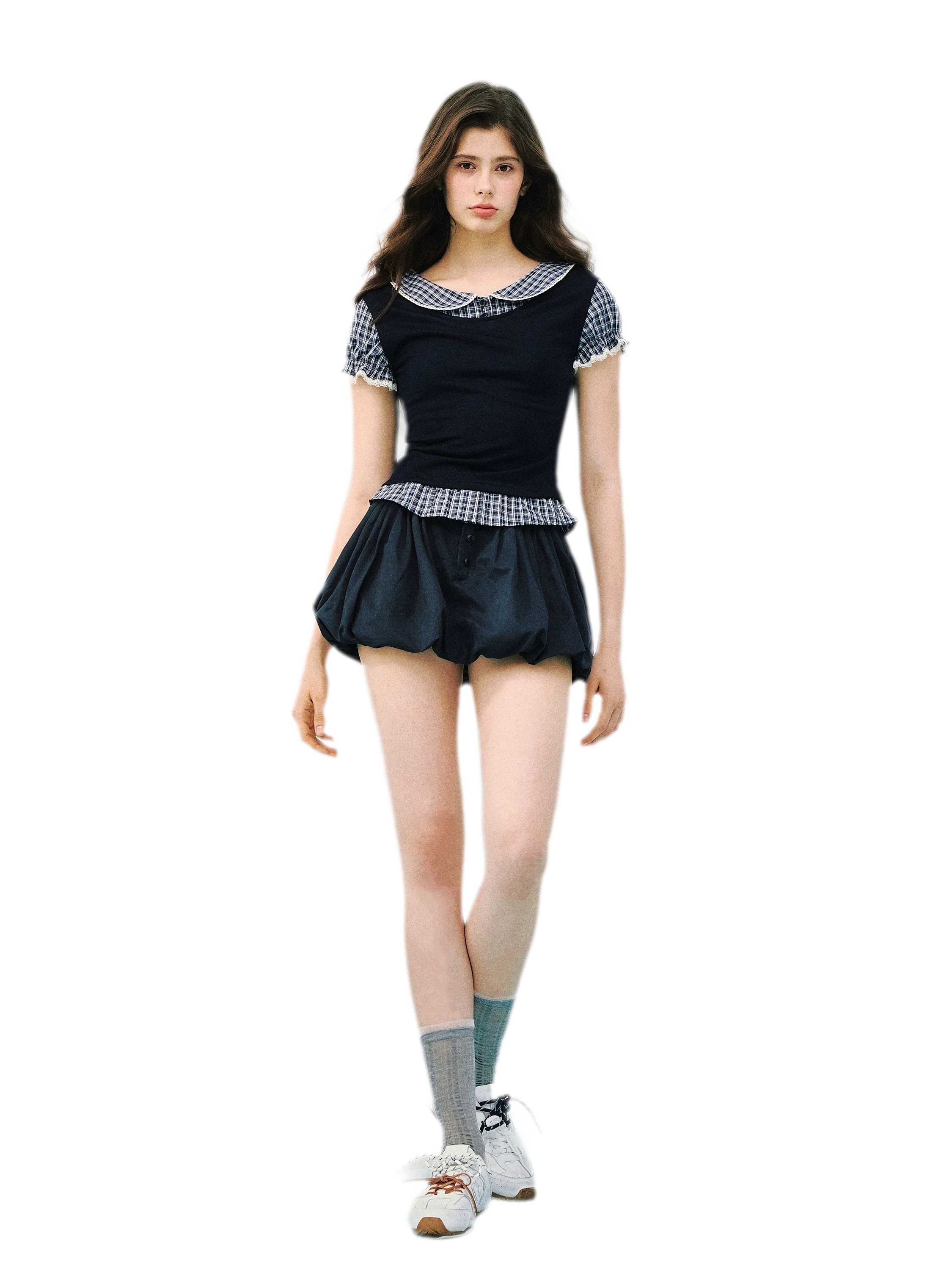 Navy Petal Pleated Skirt