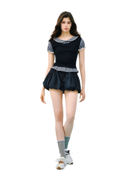Navy Petal Pleated Skirt