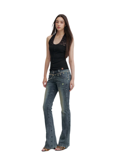 Washed Whisker Flared Jeans