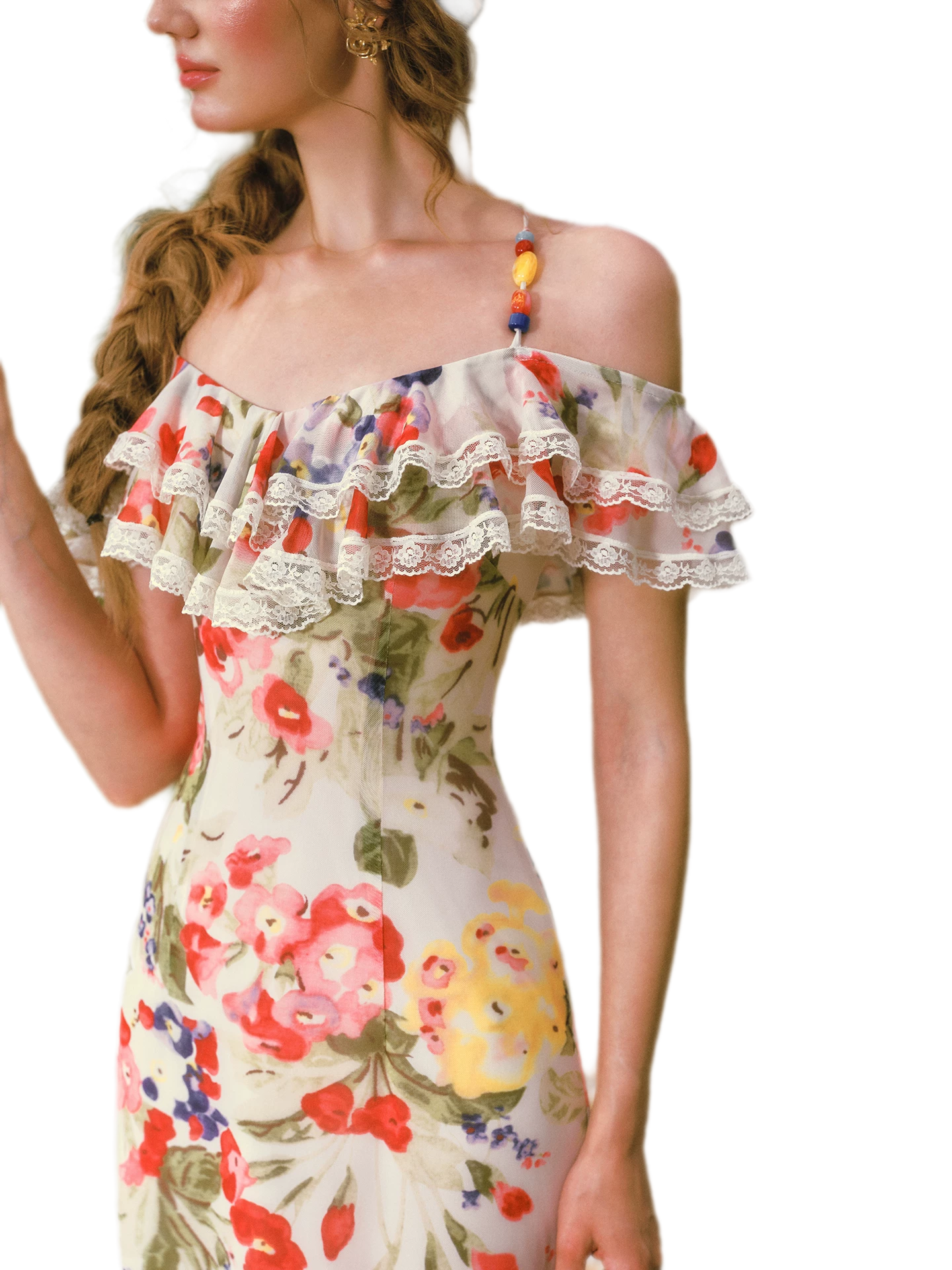 Floral Ruffle Mesh Maxi Dress