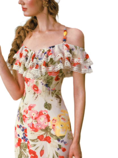 Floral Ruffle Mesh Maxi Dress