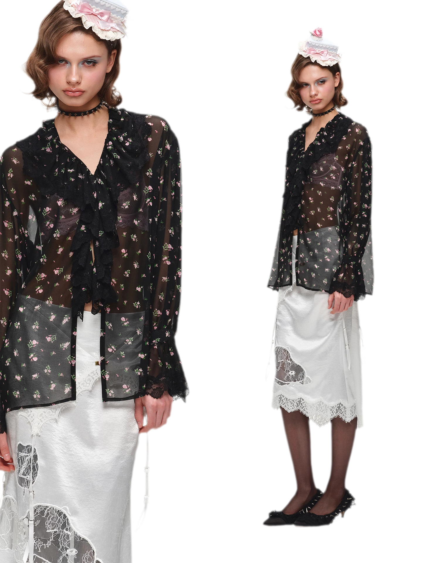 Floral Ruffle V-Neck Long Sleeve Blouse