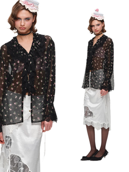 Floral Ruffle V-Neck Long Sleeve Blouse