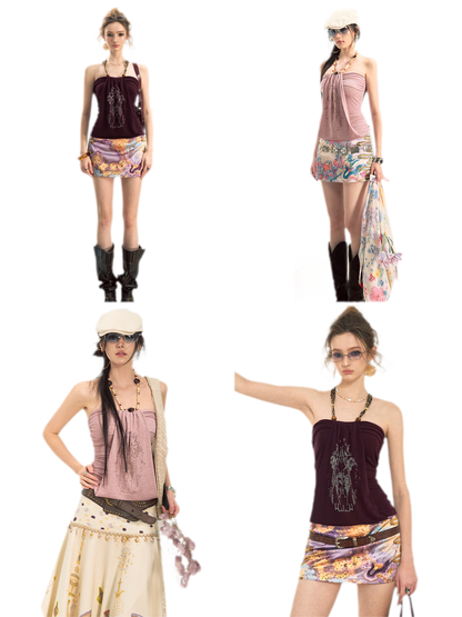 Aman Halter Neck Crystal Embellished Slim Fit Top