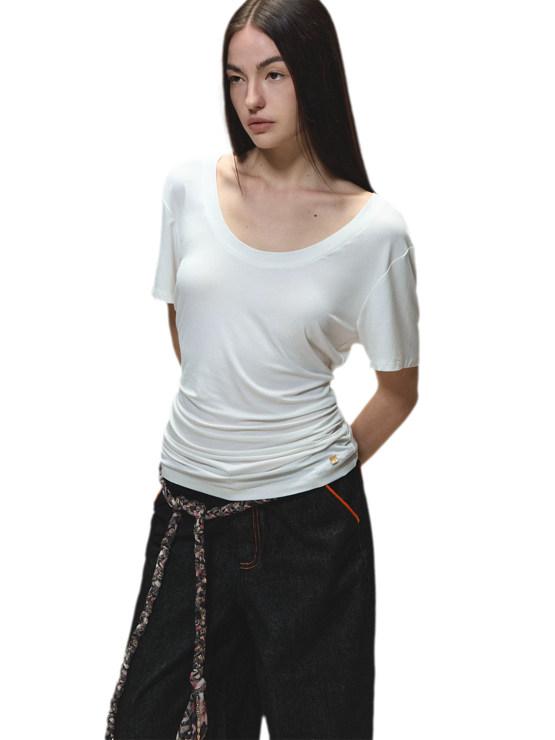 Relaxed Fit Mid-Length Two-Tone Classic U-Neck T-shirt