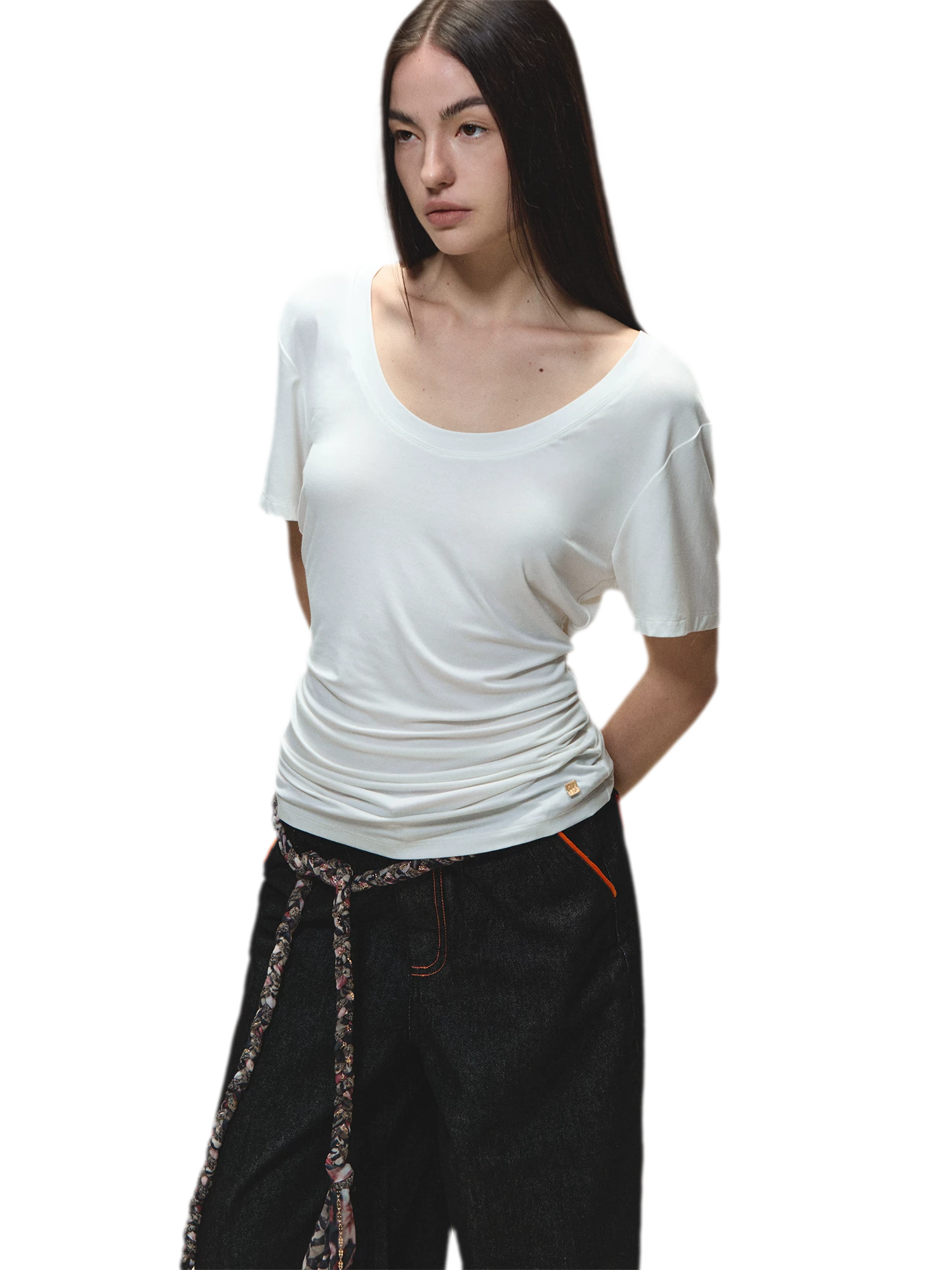 Relaxed Fit Mid-Length Two-Tone Classic U-Neck T-shirt
