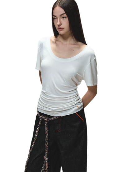 Relaxed Fit Mid-Length Two-Tone Classic U-Neck T-shirt