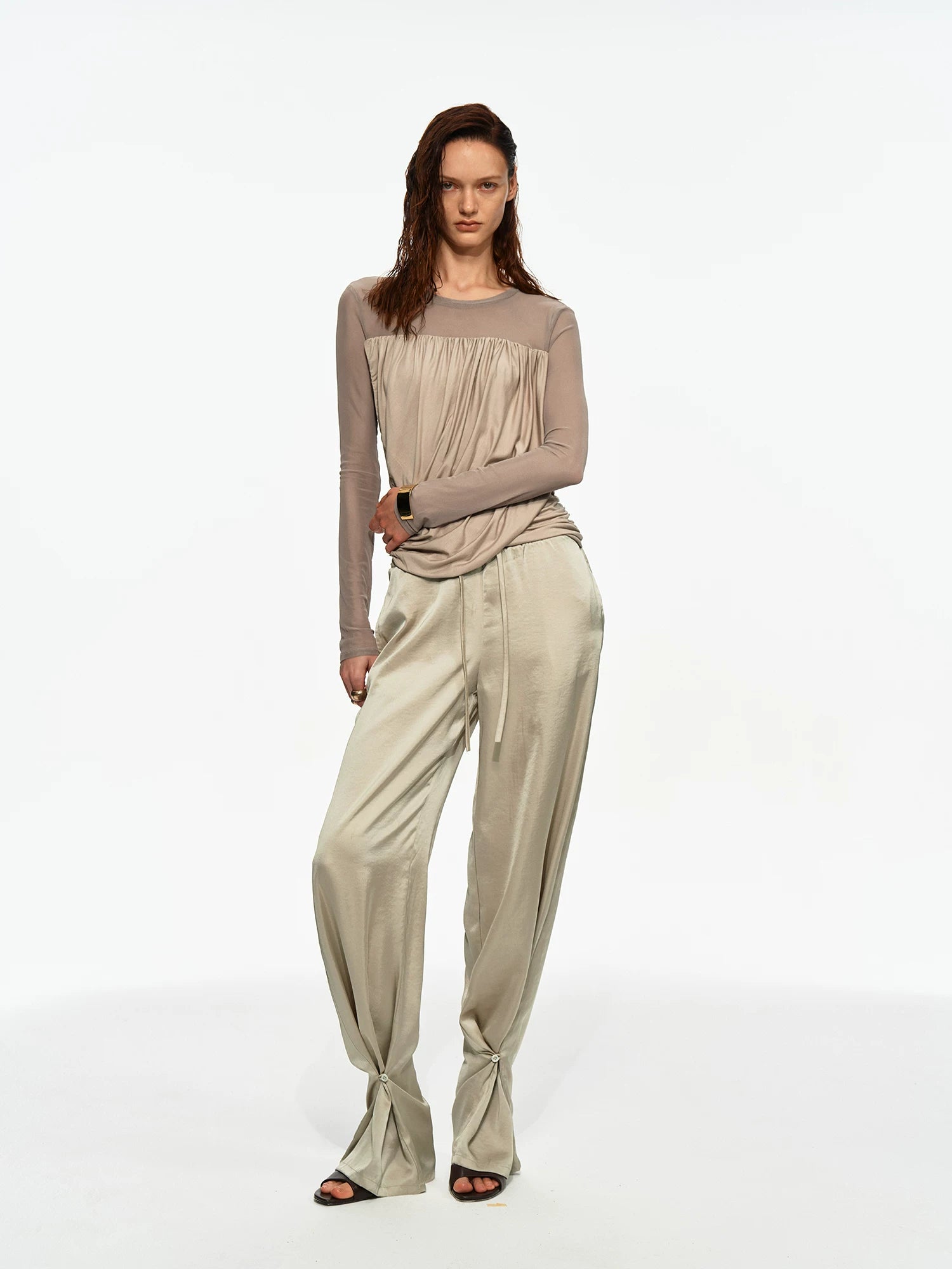 Textured Satin Drawstring Pants