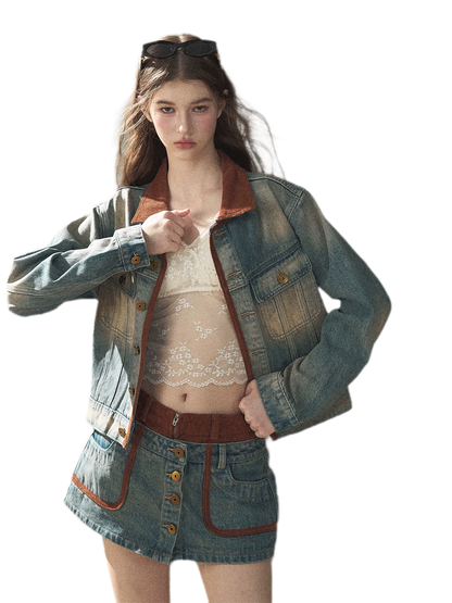 Washed Denim Jacket Skirt Set