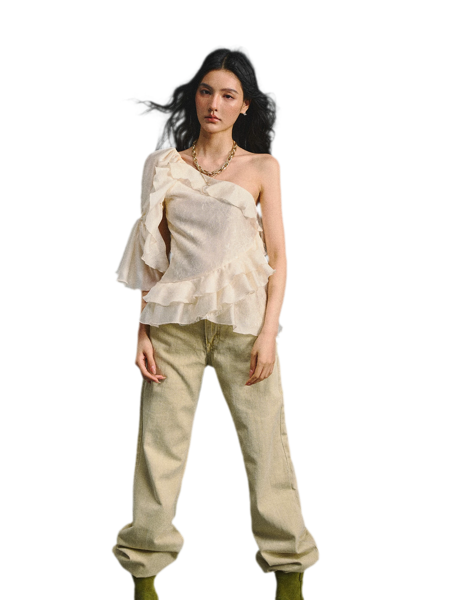 Vintage Romantic Lace Ruffled Asymmetric Top