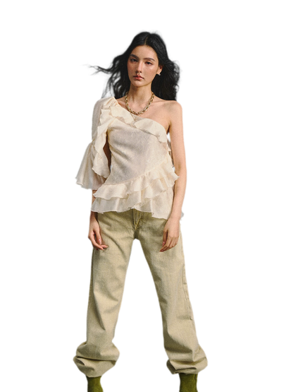 Vintage Romantic Lace Ruffled Asymmetric Top
