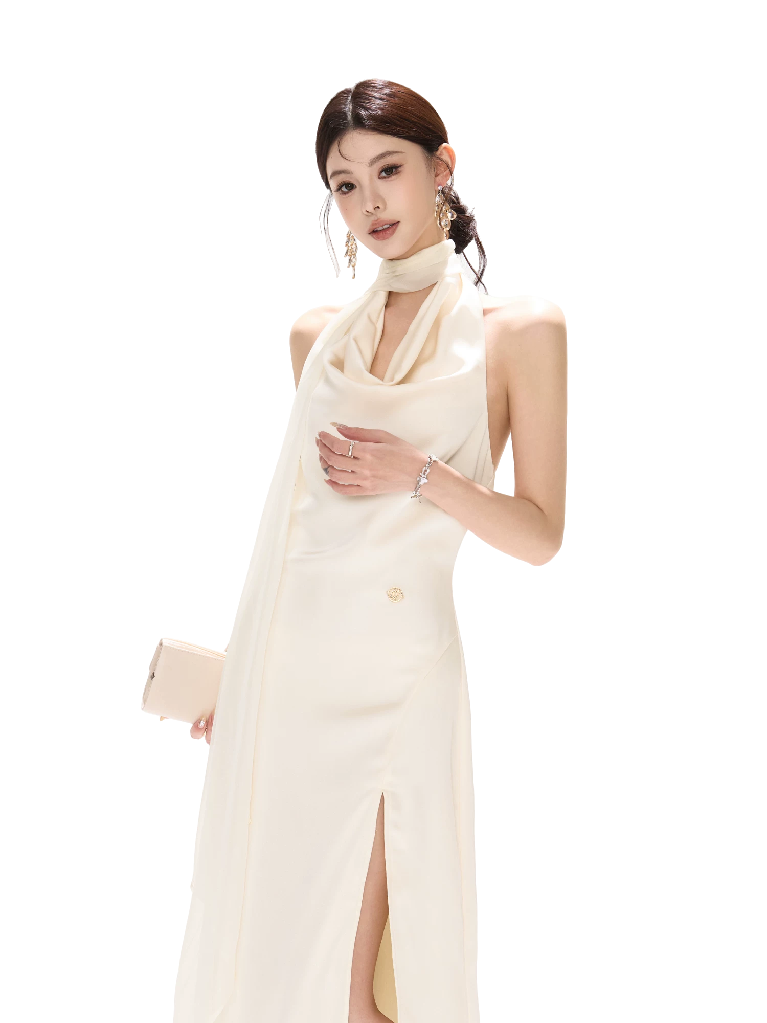 Halterneck Draped Satin Long Dress with Side Slit