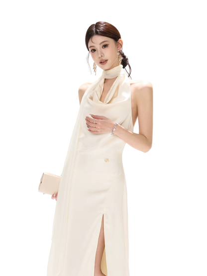 Halterneck Draped Satin Long Dress with Side Slit