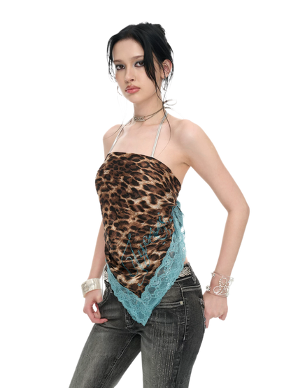 Peacock Blue Lace Leopard Print Chiffon Scarf