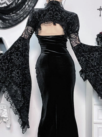 Vestido maxi gótico de terciopelo con cuello halter