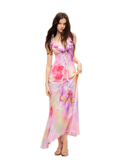 Watercolor Ruffle V-Neck Dress