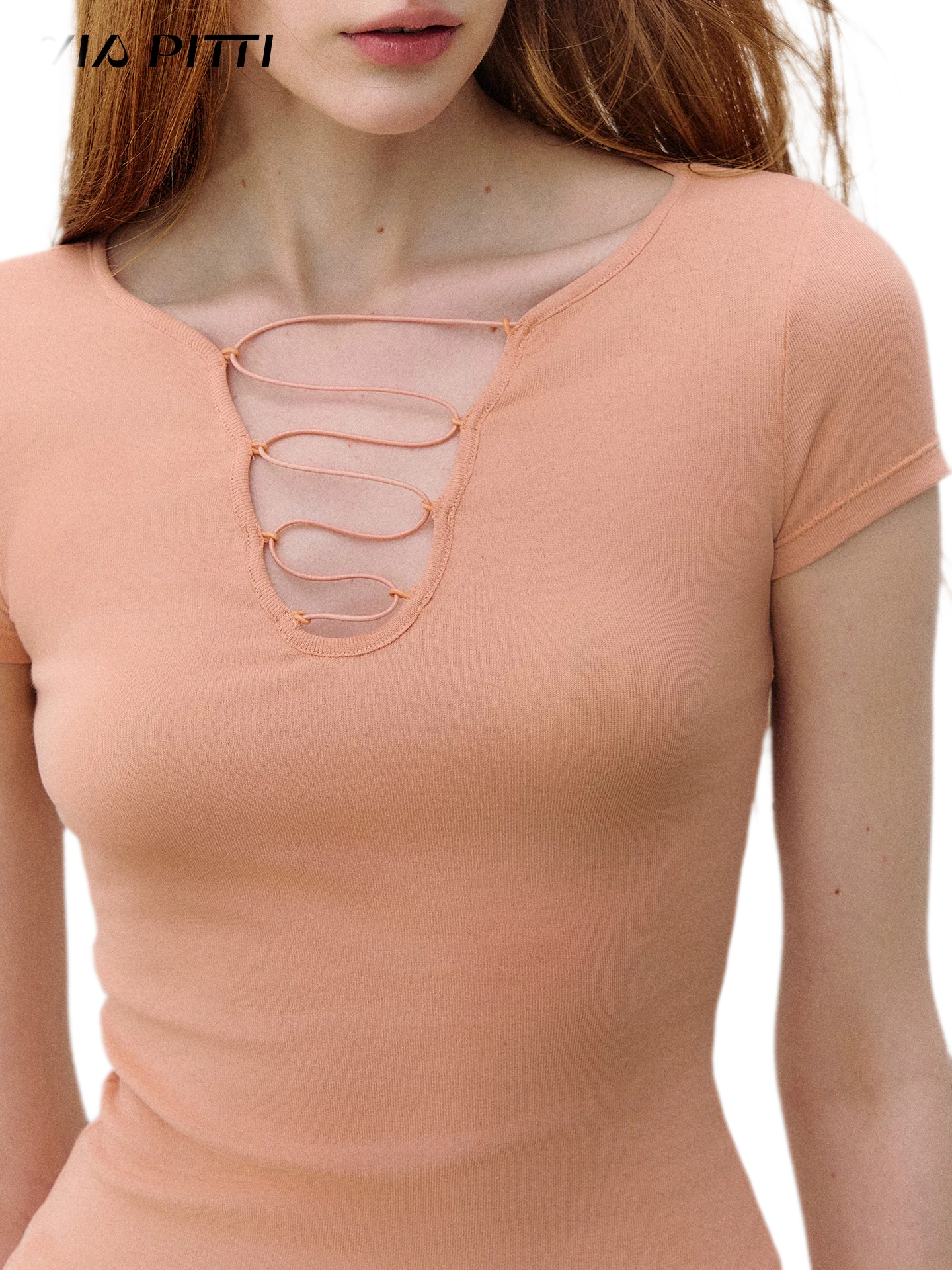 Cross Tie Hollow V-Neck Slim Short Sleeve T-Shirt