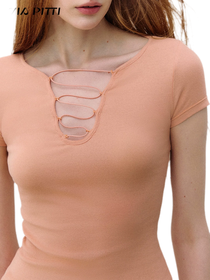 Cross Tie Hollow V-Neck Slim Short Sleeve T-Shirt