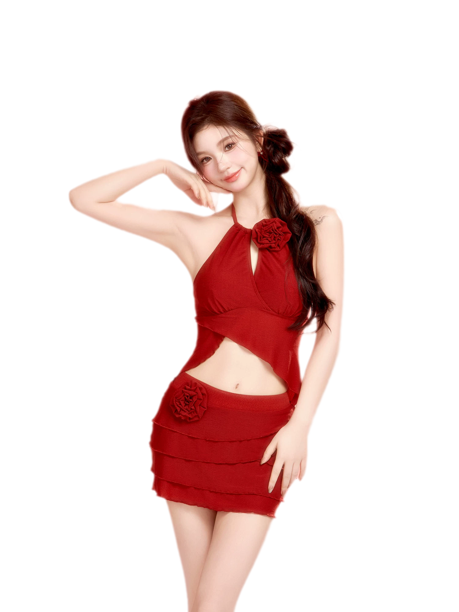 Textured Asymmetric Ruffle Swimdress