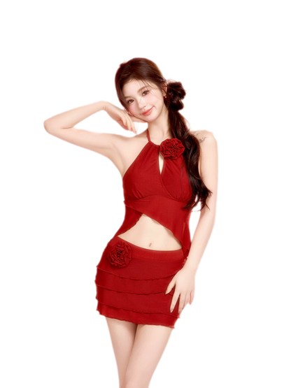 Textured Asymmetric Ruffle Swimdress