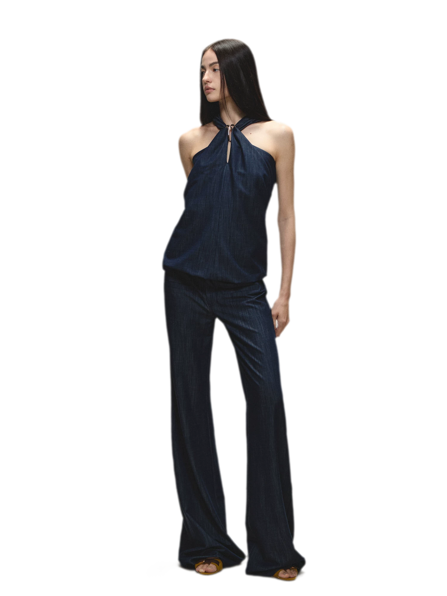 Tencel Denim Blue Hollow Halter Slim Flared Pants