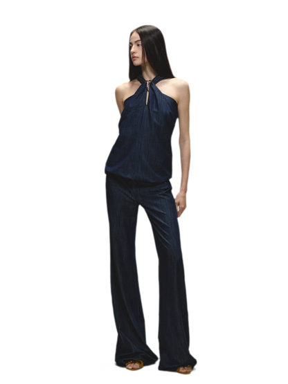 Tencel Denim Blue Hollow Halter Slim Flared Pants