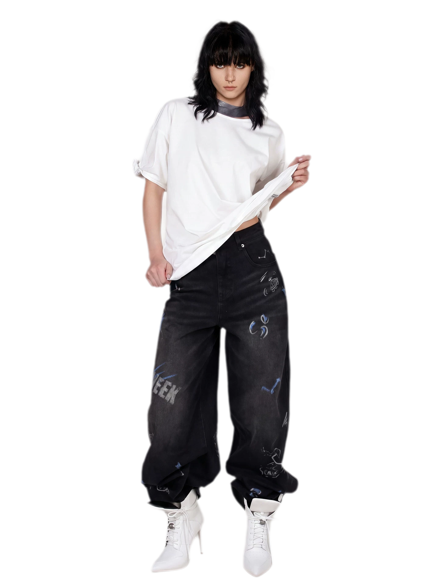 Graphic Scarf Detail Loose T-Shirt
