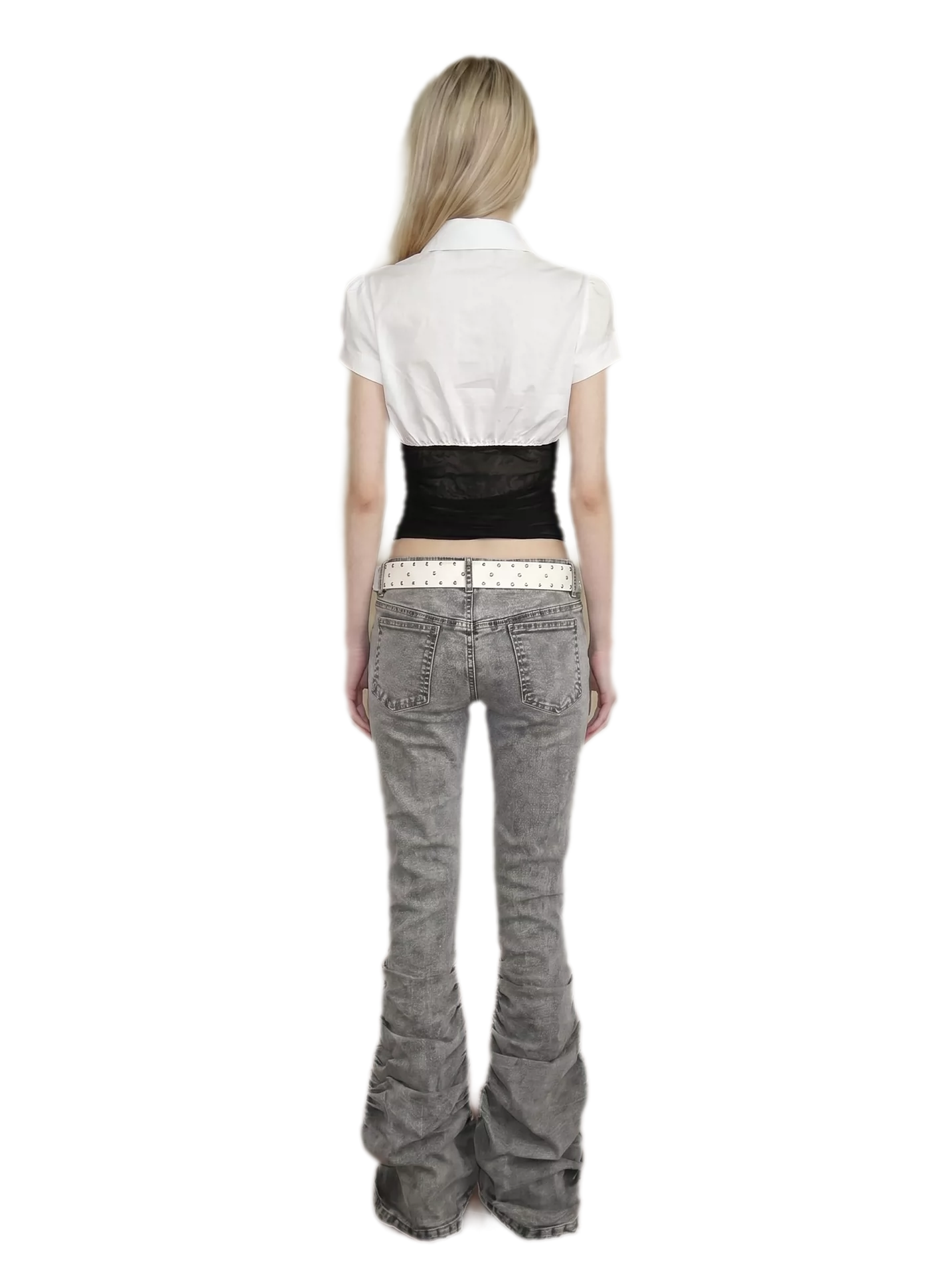 Washed Low-Rise Ruched Flare Jeans