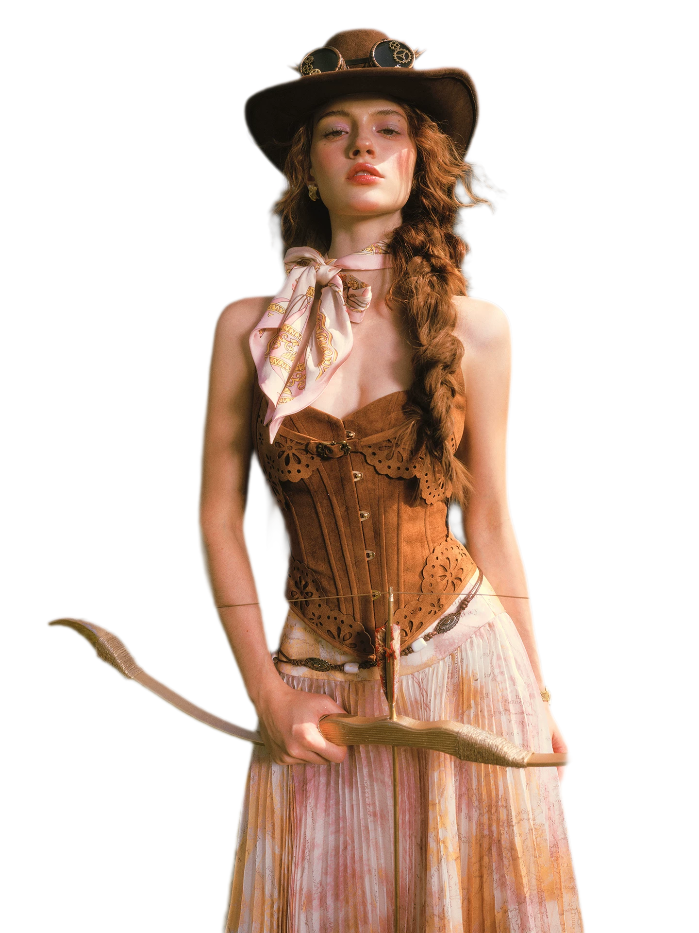 Suede-Look Corset Pleated Skirt Set