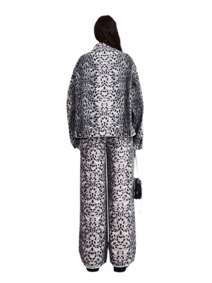 Cross Statue Leopard Print Wide-Leg Jeans