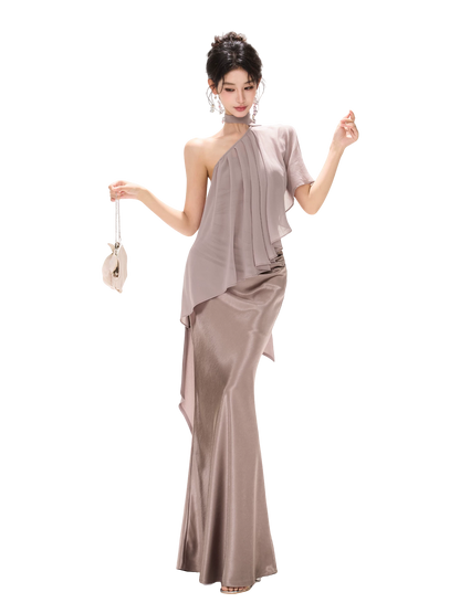 Amber Glow High-Waist Fishtail Satin Skirt