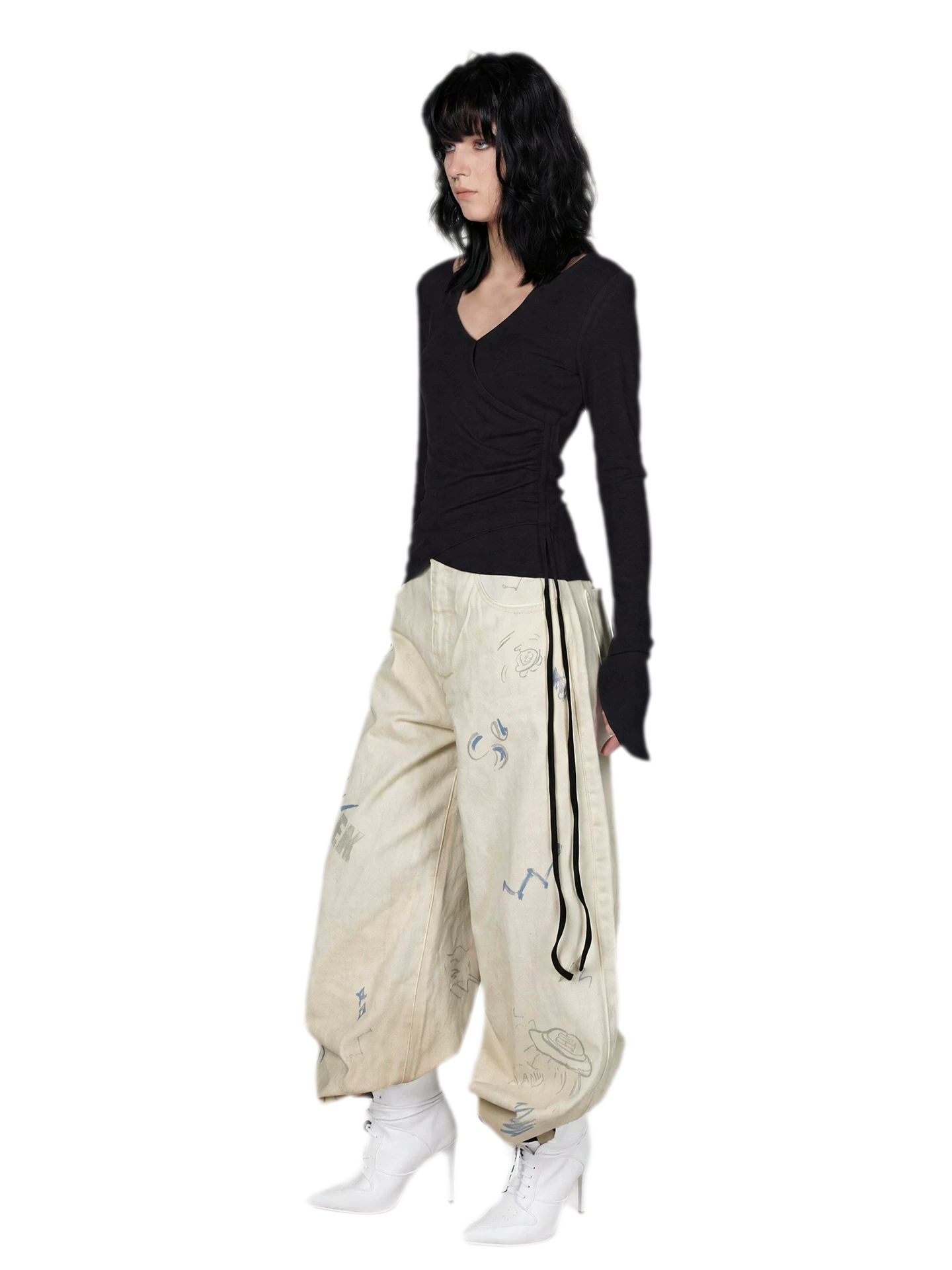 Washed Graffiti Wide-Leg Jeans