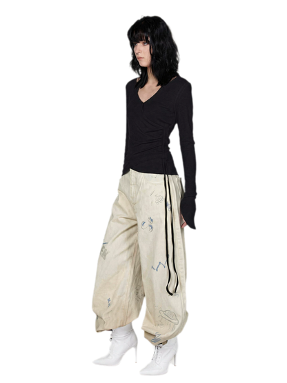 Washed Graffiti Wide-Leg Jeans
