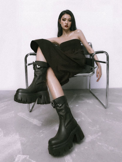 Metallic Strap Platform Mid-Calf Boots