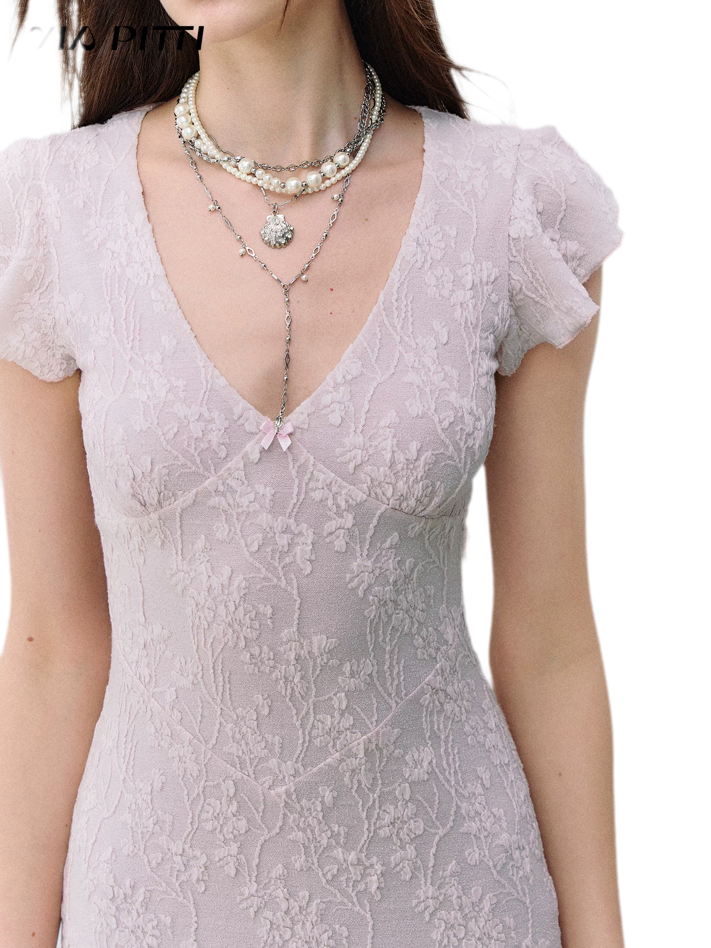 Lace-Trim Jacquard Knit Waist-Cinched Dress