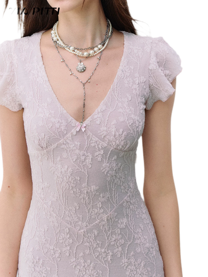 Lace-Trim Jacquard Knit Waist-Cinched Dress