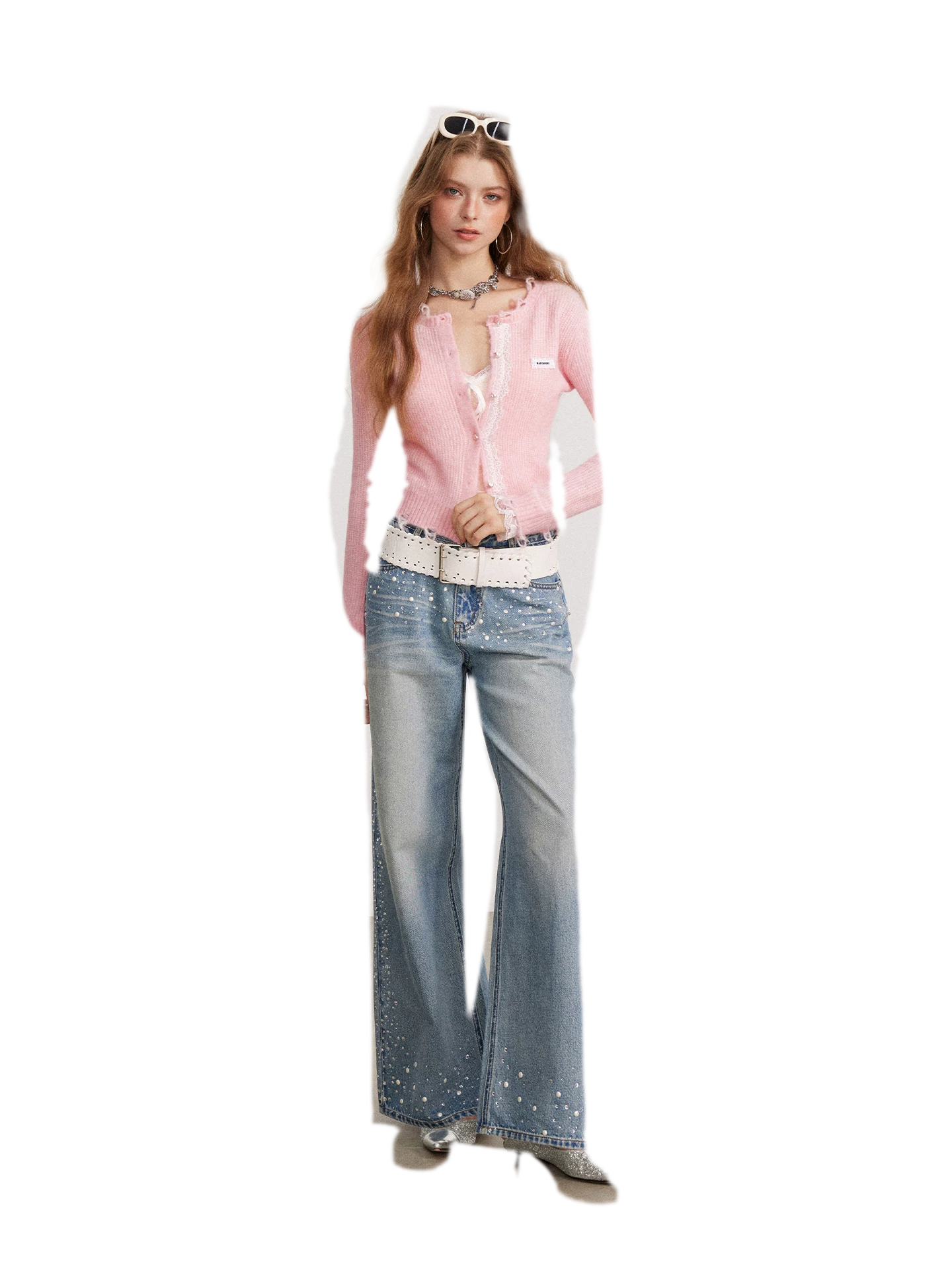 Rhinestone Pearl Wide-Leg Jeans
