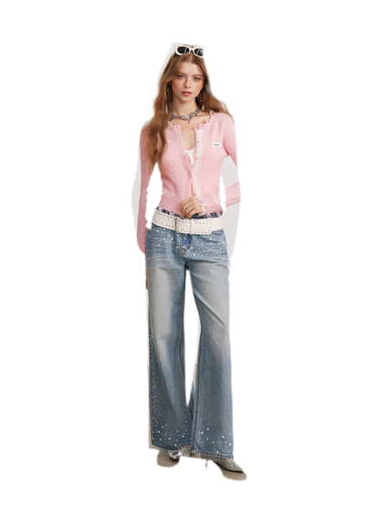 Rhinestone Pearl Wide-Leg Jeans
