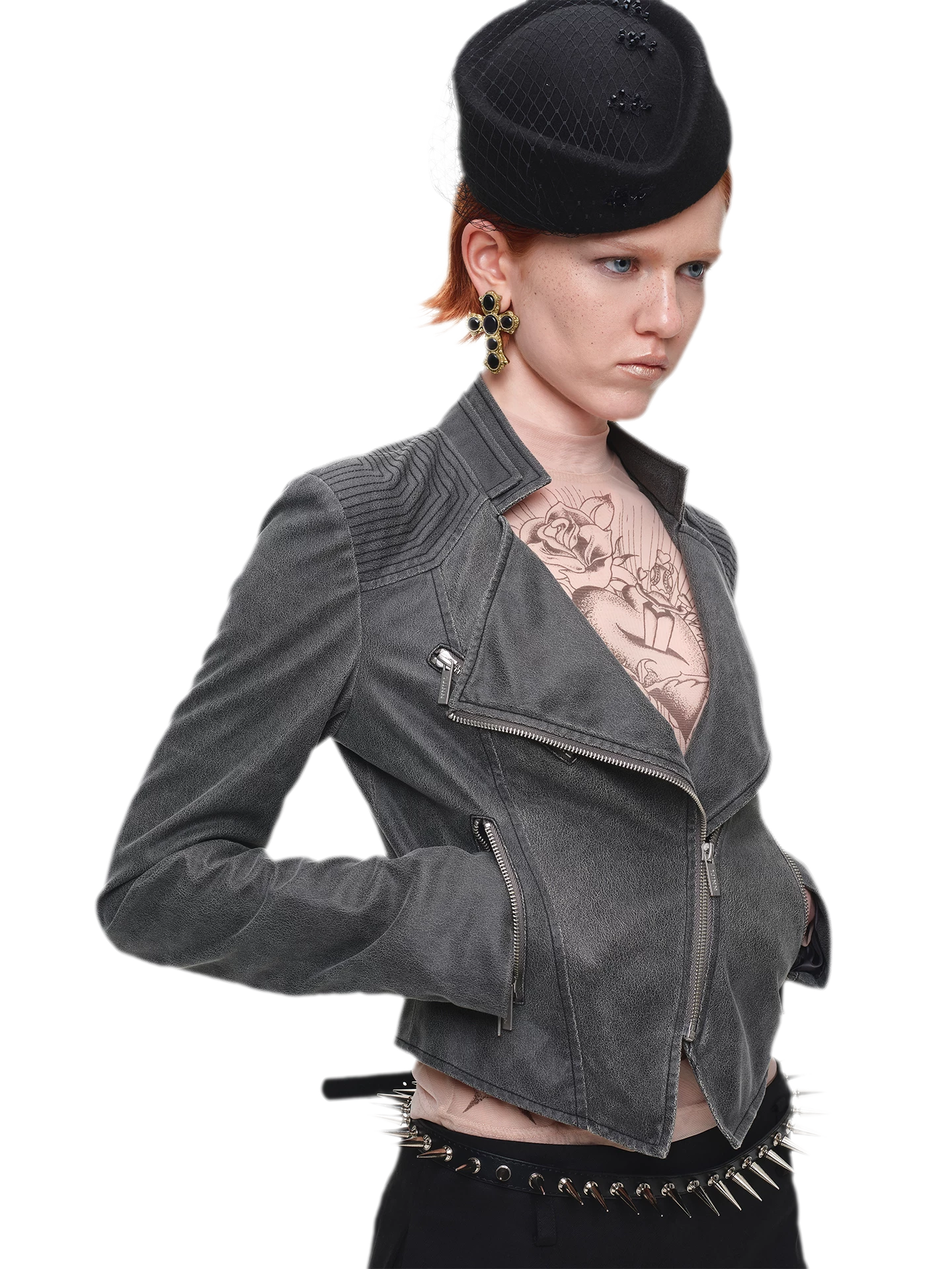 Washed Leather-Look Fitted Jacket