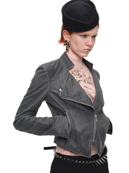 Washed Leather-Look Fitted Jacket