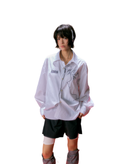 Fine-Stripe Embroidered Graphic Shirt