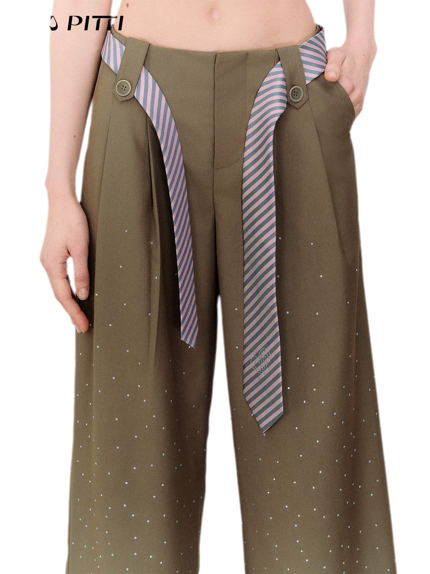 Rhinestone Pleated Waistband Wide-Leg Pants