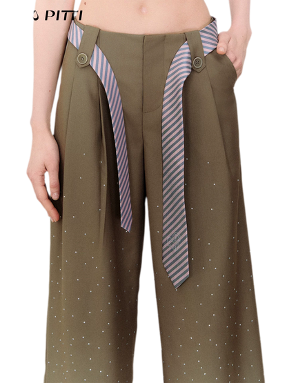 Rhinestone Pleated Waistband Wide-Leg Pants