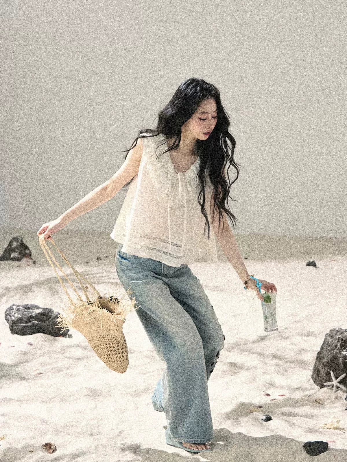 Flowing Moonlight Lace Ruffle Short Blouse