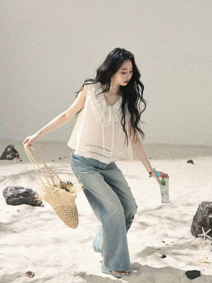 Flowing Moonlight Lace Ruffle Short Blouse