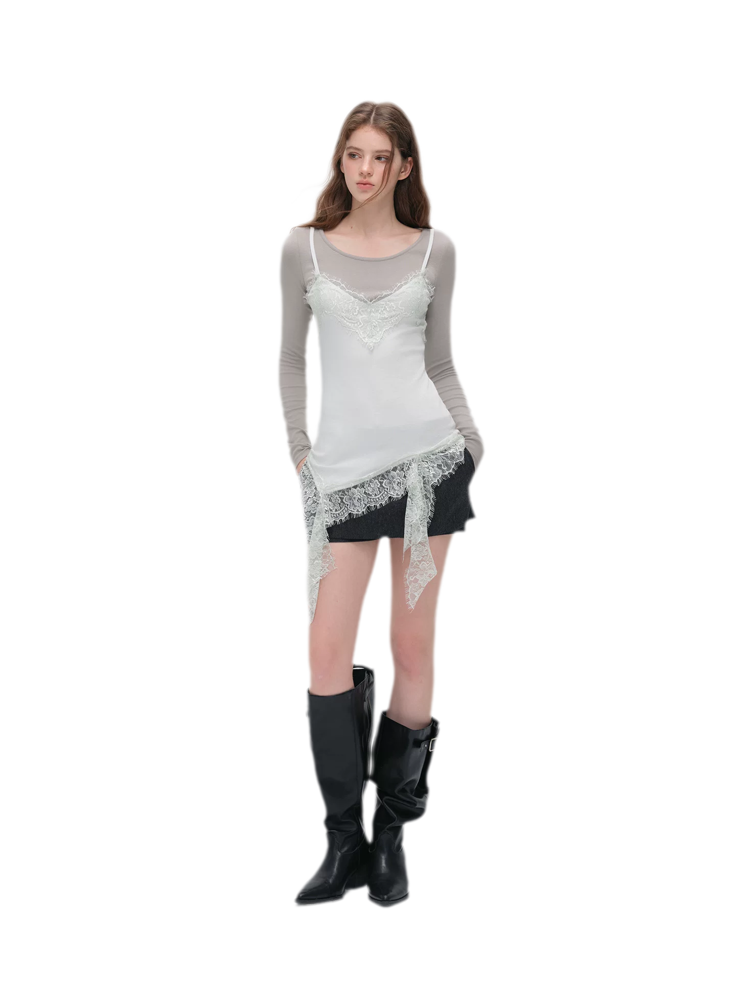 Lace Trim Layered Long-Sleeve Top