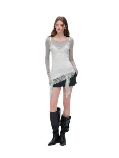 Lace Trim Layered Long-Sleeve Top