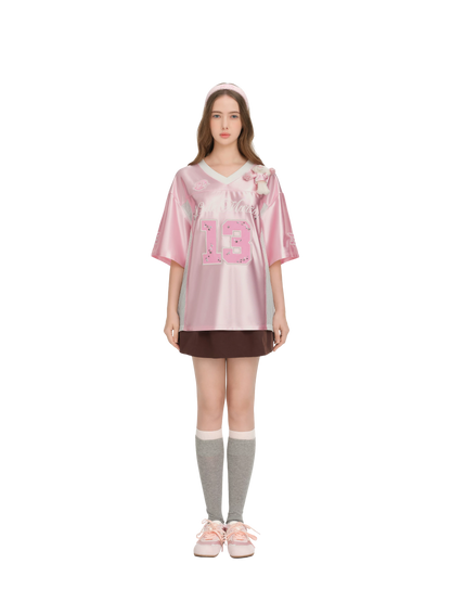 Satin V-Neck Short Sleeve T-Shirt